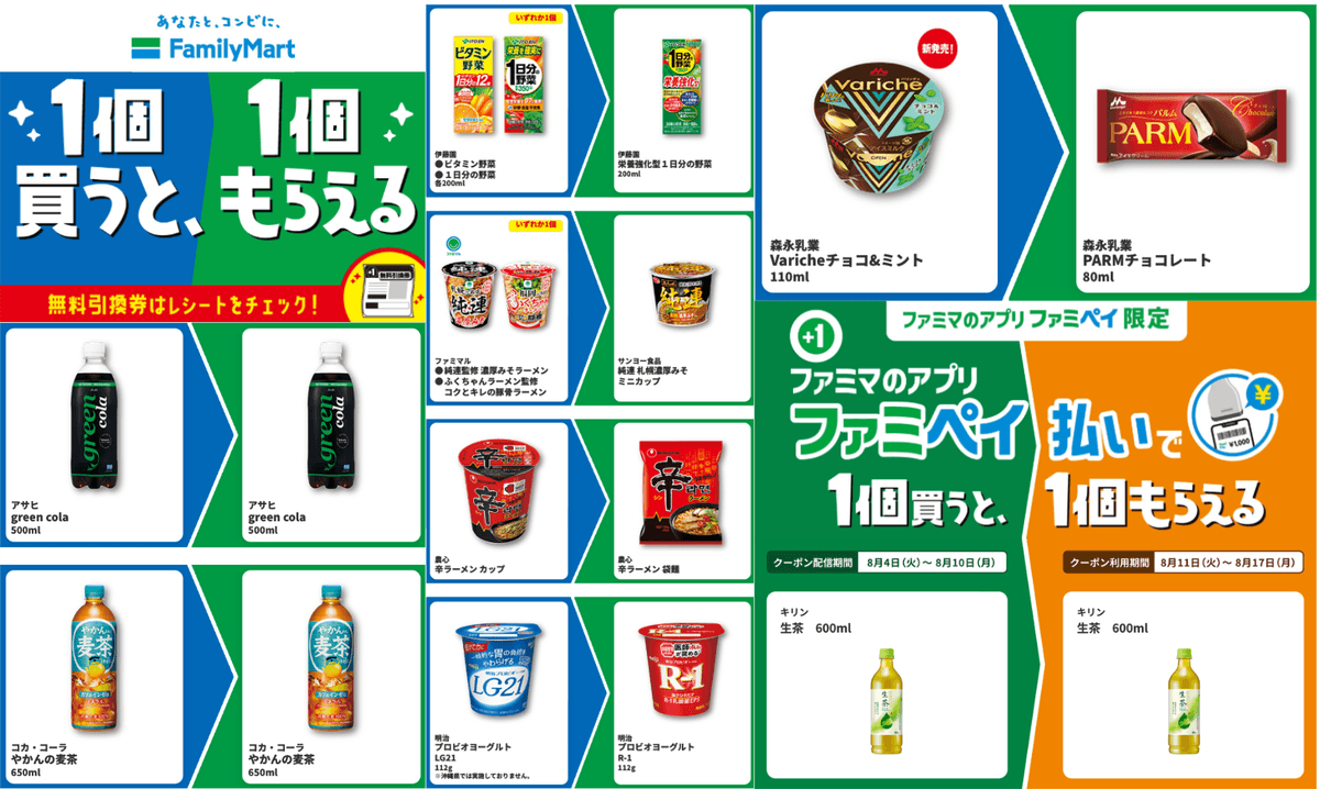ファミマ 1個買うと1個もらえる 8/10まで green cola・R-1など7品対象
